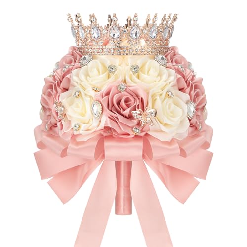 Suncalla 8.7" Ramo de Quinceañera Peach Pink & Cream Bridal Wedding Bouquet with Crown Satin Rose Bling Artificial Flower Bunch Inspiración Ramos para Quinceaños for Bride Wedding Quinceanera