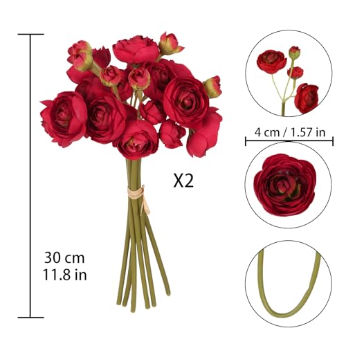 IPOPU Red Ranunculus Artificial Flowers 2 Bouquets Red Silk Flowers with Stems 12PCS Faux Ranunculus Mini Fake Flower for Vase Filler Flowers DIY Wedding Bouquet Bridal Shower Decoration - color: Red