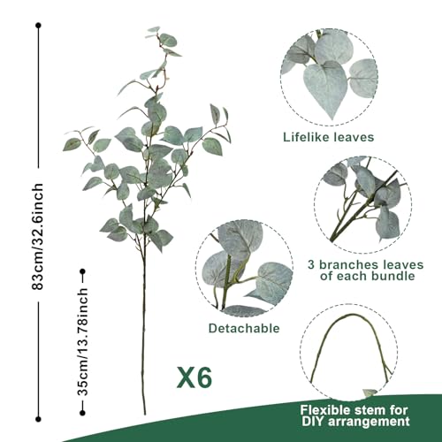 6 PCS 32.7 Inch Artificial Greenery Long Stems Fake Eucalyptus Leaves Faux Plant Indoor Silk Faux Foliage Branches for Vase Greenery Stems for Home Decor Farmhouse Aesthetic (Eucalyptus Leave Green) - color: Eucalyptus Leave Green