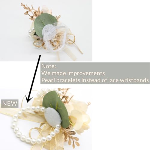 2 Corsages, Handmade Artificial Peony Rose Wrist Corsage Wristlet Wedding Prom Suit Decorations (2 Gold Wrist Corsage) - color: Gold Wrist Corsage