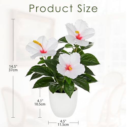Briful Artificial Hibiscus Flowers in Pot, 14.5’’ Faux Hibiscus Plant, Spring Summer Flowers for Home Decor, Farmhouse Table Decor & Coffee Table Decor, Indoor Potted Fake Flower, White - color: White