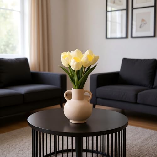 Fake Artificial Tulip Flowers in Ceramic Vase,13" Real Touch Tulip Flowers Spring Décor for Table Centerpiece Home Farmhouse Resto Wedding Decoration（Yellow） - color: Yellow
