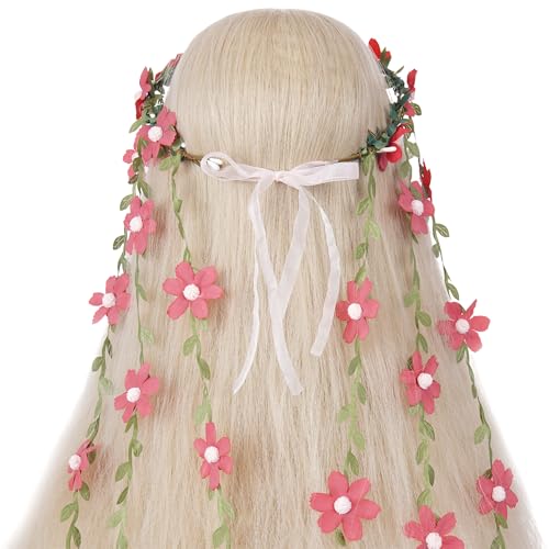 Red Fairy Flower Headpiece, Bohemian Vine Flower Crown with Daisy Floral, Handmade Forest Woodland Floral Headband for Women Renaissance Party Cosplay Costume Hair Accessories - color: Red