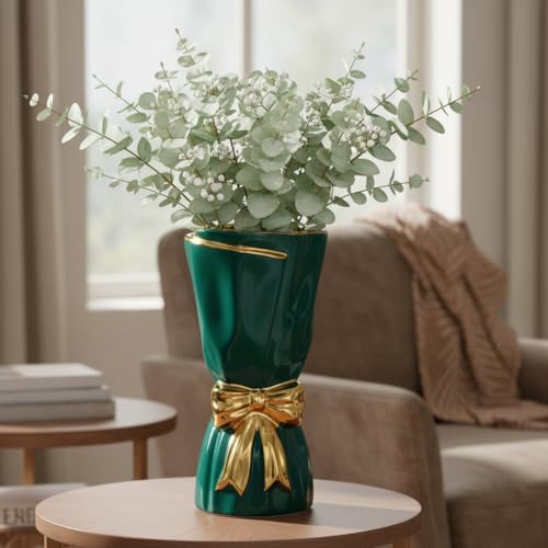 Green Ceramic Vases Home Decor, Tall Modern Vase for Pampas Grass,11 Inch Bow Flower Vase for Console Table, Entryway, Mantle Decor, Fireplace Decorations for Living Room - color: Dark Green, size: 11 inch