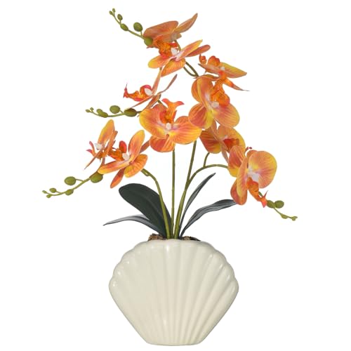 Artificial Phalaenopsis Orchid Plant in Seashell Pot, 16" Fake Orchid Flowers, Silk Faux Orchids for Home Decor, Office, Table Centerpiece, Real Touch Lifelike Indoor House Plant (Orange) - color: Orange