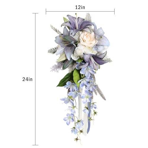 Bridal Bouquet,12 Inch Cascading Wedding Bouquets Bride Bouquets for Wedding Ceremony and Anniversary(Blue) - color: Blue