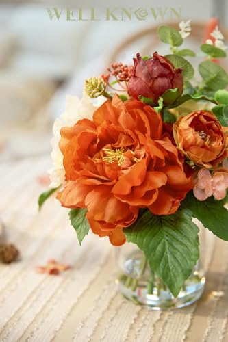 WELL KNOWN Artificial Flowers in Glass Vase with Fake Water, Burnt Orange & Champagne Silk Peony Flower Bouquet for Winter Home Dinning Coffee Table Wedding Party Lavatory Spring Seasonal Decor & Gift - color: Orange & Champagne