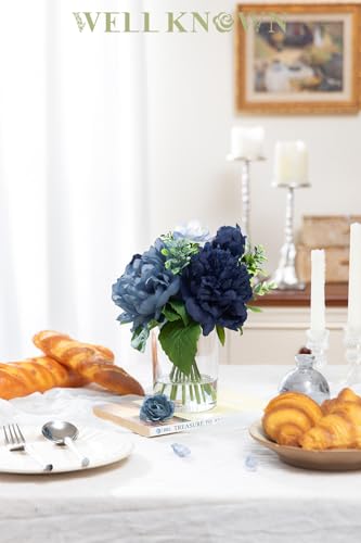 WELL KNOWN Artificial Flowers in Glass Vase with Fake Water, Silk Peony Flower Bouquet for Home Dinning Tea Table, Office Desktop, Hotel, Wedding, Party, Lavatory Decor & Gift (Navy Blue & Light Blue) - color: Navy Blue & Light Blue