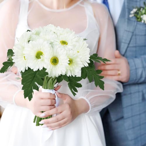 IPOPU 2 Bundles Artificial Gerbera Daisy Flower 14 Heads White Fake Chrysanthemums with Stems Faux Silk Daisy Flower for Wedding Bridal Bouquet Floral Arrangements Home Table Centerpiece Decor (White) - color: White