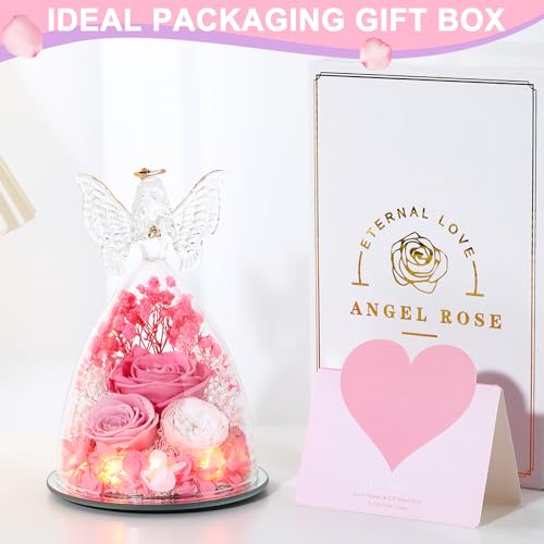 Mothers Day Rose Gifts for Women Preserved Real Flower in Glass Angel Figurines Roses for Delivery Prime Birthday Gifts for Mom Grandma Girlfriend Wife Her,Pink Austin Roses - color: Pink With Austin Roses