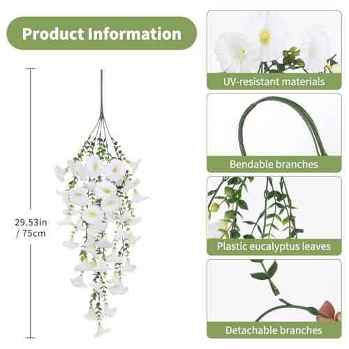6PCS Morning Glory Artificial Flowers for Outdoor, UV Resistant Fake Plastic Plants Artificial Greenery for Indoor Outdoor Garden Basket Patio Window Home Decor(White) - color: White