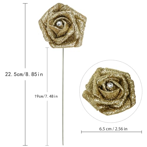 IPOPU Gold Roses,25PCS Glitter Roses Bouquet Gold Artificial Roses with Crystal for Christmas Wedding Bouquet Home Party Decoration(Gold) - color: Gold With Crystal