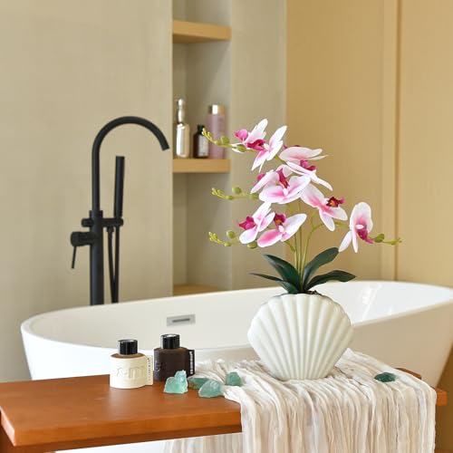 Artificial Phalaenopsis Orchid Plant in Seashell Pot, 16" Fake Orchid Flowers, Silk Faux Orchids for Home Decor, Office, Table Centerpiece, Real Touch Lifelike Indoor House Plant (White and Pink) - color: White and Pink