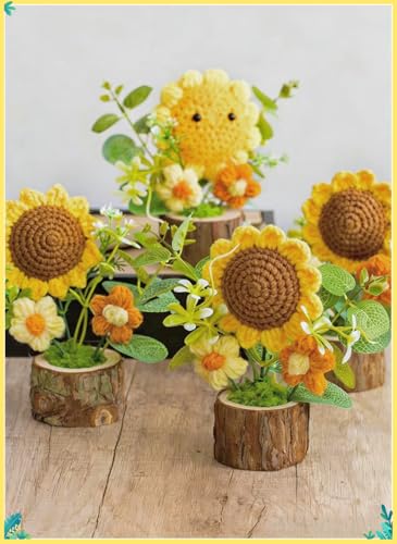Handmade Knitted Sunflower Potted Plant Decoration | Cute Crochet Artificial Sunflower Decor Boho Home Decor for Desk Office Car Dashboard Inspirational Gift for Women