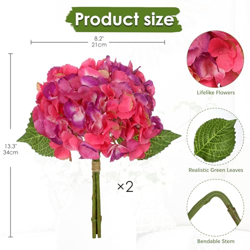 Hollyone Rose Red Hydrangea Artificial Flowers 6pcs Large Real Touch Faux Hydrangeas Silk Flowers Bouquets Fake Flower with Stems for Home Decor Indoor Wedding Kitchen Centerpiece Table Decorations - color: Rose Red