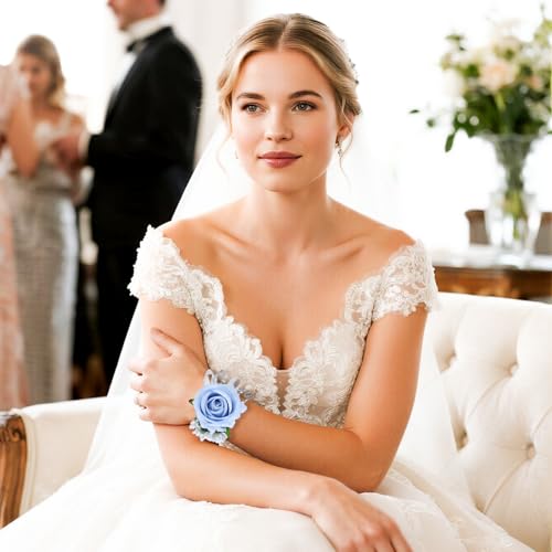 2Pcs Light Blue Rose Corsage and Men Boutonniere Set Women Wristlet Band Wrist Bracelets, for Prom Wedding Ceremony Flowers Decorations and Homecoming Party Accessories - color: Light Blue, size: 1 Boutonniere & 1 Wrist Corsage