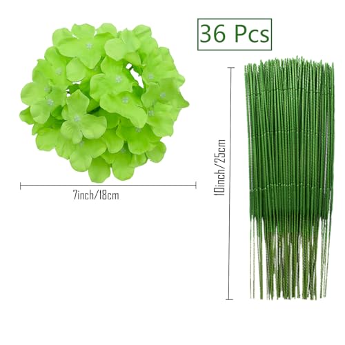 FagusHome Silk Hydrangea Heads 36 Pcs Artificial Flowers Heads and 3 Dozens Stems Fake Hydrangea Flowers with Stems for Home Wedding Decor (Green) - color: Green