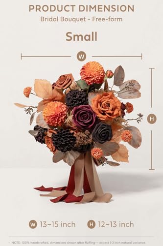 Ling's moment Burnt Orange and Burgundy Wedding Bouquets for Bride, Red Bridal Bouquets for Bride, 13 Inch Free Form Artificial Wedding Flower Bouquet - color: Red-burnt Orange & Burgundy, size: Small 13 Inch