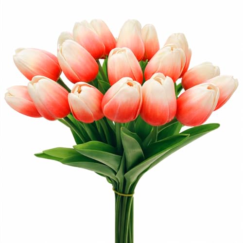 20 Pcs Tulips Artificial Flowers, 13.5'' Real Touch PU Fake Flowers Bouquet for Home Party, Spring Wedding Floral Arrangement, Valentine's, Easter and Mother's Day Decor (Cream Red) - color: Cream Red