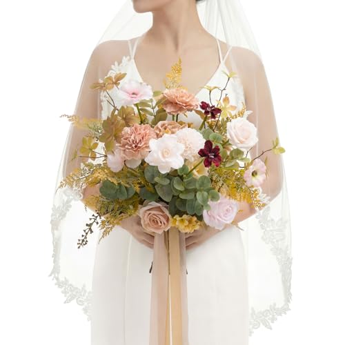 Ling's moment Pink Wedding Bouquets for Bride, Powder Pink & Sand Beige Bridal Bouquets for Bride, 13 Inch Free Form Artificial Wedding Flower Bouquet for Rustic Wedding Ceremony Anniversary - color: Pk- Powder Pink & Sand Beige, size: Small 13 Inch