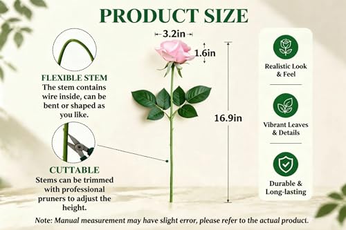 10 Pcs Real Touch Artificial Roses Fake Rose Long Stem Silk Faux Flowers Bridal Bouquet for Wedding Home Decor Romantic Valentine Gifts (Pink) - color: Pink