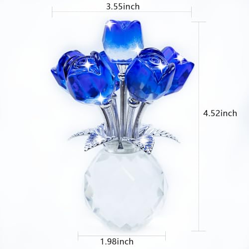 TWINKLING Crystal Roses Figurine with Round Vase, Glass Rose Crystal Flowers Bouquet, Birthday, Anniversary,Wedding, Home Décor,Silver Leaf (Blue) - color: Blue(silver Leaf)