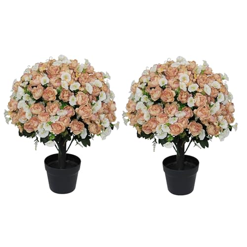 24" Artificial Potted Flowers for Outdoor, Faux White Silk Peonies | Set of 2 UV Resistant Fake Outdoor Plants & Flowers in Cement Pots for Outside Front Porch Home Indoor Decor - color: Blush Pink, size: 24" Luxury Peony