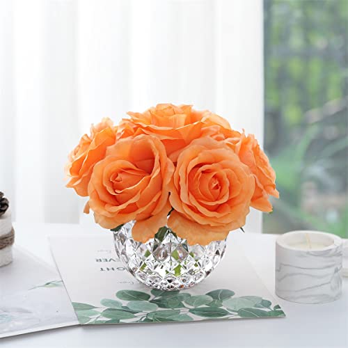 7 Large Stem Orange Rose Artificial Flowers in Vase, Silk Flowers Arrangement in Round Glass Vase Without Water for Home Decor, Wedding Table (Orange) - color: Orange W/O Water