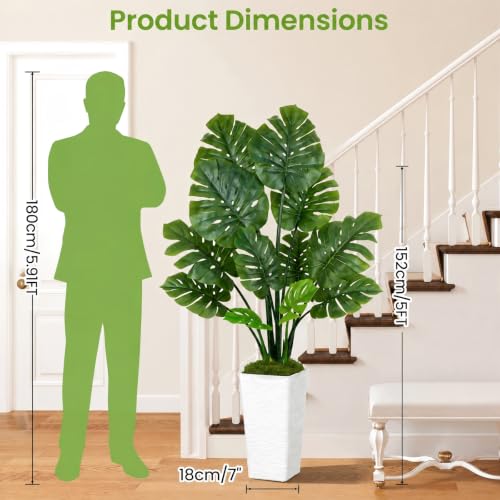 UPBUD Artificial Monstera Deliciosa Plant, 5FT Fake Tree with Real Touch Green Leaves & White Square Pot, 60in Tall Faux Trees Floor Plants for Indoor Outdoor Office Living Room Decor - color: Green Leaves White Planter