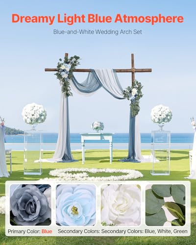 VEVOR Artificial Wedding Arch Flowers Kit, Blue Wedding Arch Flowers with Drapes Kit -2 Pcs Floral Arrangement, 2 Pcs Sheer Drapes, for Ceremony Bouquets Reception Backdrop Decoration（No Include Wood - color: Dusty Blue, size: 4 Pcs