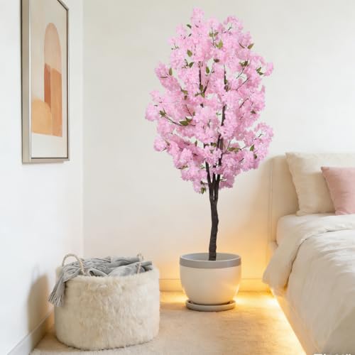 BINCUE Artificial Pink Cherry Blossom Tree Fake Tree Cherry Blossom Decor Fake Flowers Faux Flowering Tree Pink Flowers Floral Artificial Plants for Indoors Outdoors Room Home Decor Gift 5.6FT - color: Pink-06ap