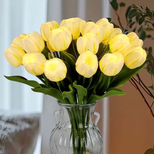 HOMESEASONS 20 Stems LED Lighted Artificial Flowers Tulip Lamp Real Touch Tulips Faux Flower Lights for Valentine's Day and Easter Home Kitchen Wedding Dining Table Decor(White) - color: White