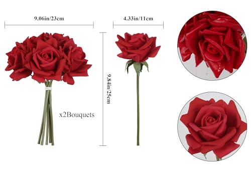 IPOPU Red Roses Artificial Flowers 2 Bouquets 10PCS Realistic Fake Roses Real Touch Faux Roses with Stems for Wedding Home Party Table Centerpieces Decoration(Red) - color: Red