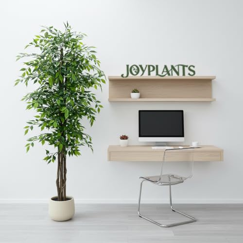 7ft Tall Artificial Ficus Tree in White Pot, Straight Trunk Fake Ficus Tree with Lush Green Leaves, Faux Potted Plant for Indoor Outdoor Home Office Living Room Patio Decor