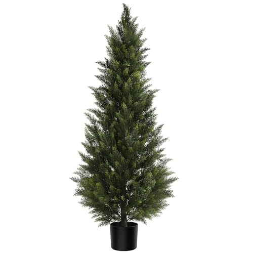 Outdoor Artificial Cedar Topiary Tree, Faux Evergreen Shrubs for Front Porch Decor, Lifelike Fake Bushes Plants for Home Living Room Front Door Decor (1, 5ft) - size: 5ft