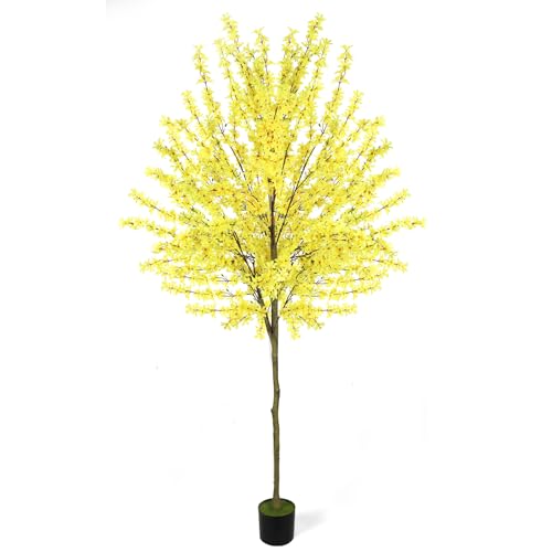 4FT Yellow Artificial Forsythia Tree, Faux Spring Forsythia Flower Branches Plant with Pot, Lifelike Fake Tree for Living Room Corner, Entryway, Porch Indoor Outdoor Decor - size: 4ft