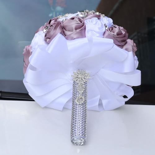 Bridal Wedding Bouquet with Bling Silver Rhinestones for Bride Bridesmaid Quinceanera Satin Rose Flower Bouquet Wedding Skin Purple and White 8.7in - color: Skin Purple & White (Standard Size: Dia.8.7")