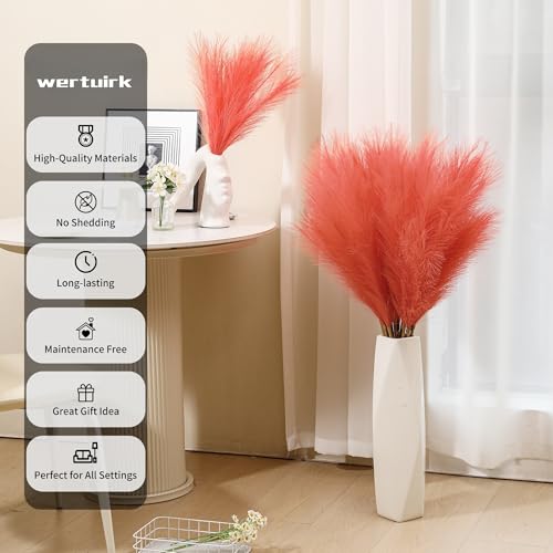 Wertuirk 9 Stems Orange Pampas Grass - 38 Inch Tall Faux Pompous Grass Decor, Large Artificial Pompas Floral for Vase Filler, Wedding, Party and Fall Home Decor (Orange) - color: Orange