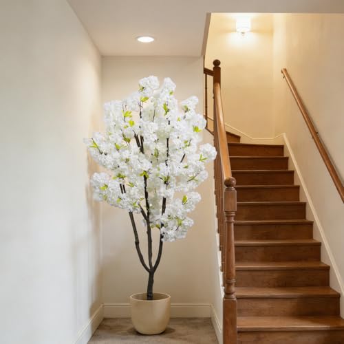 BINCUE Artificial White Cherry Blossom Tree Fake Tree Cherry Blossom Decor Fake Flowers Faux Flowering Tree White Flowers Floral Artificial Plants for Indoors Outdoors Room Home Decor Gift 6FT - color: White-02ap