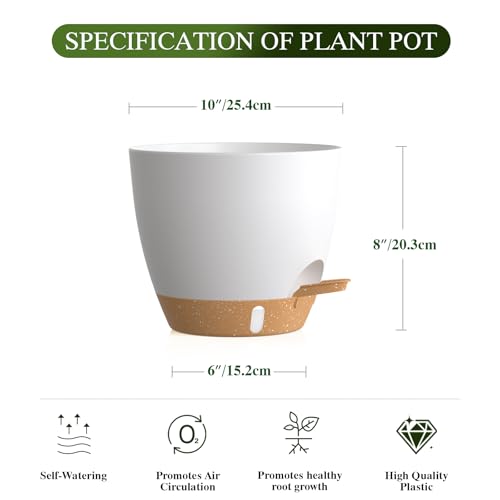 Self Watering Pots with Drainage Holes, 2 Pack 10 Inch Plant Pots with Water Level Indicator Deep Reservoir, Large Plastic Planter for Indoor Outdoor Plants - White Brown - color: White Brown, size: 10 Inch 2 Pack