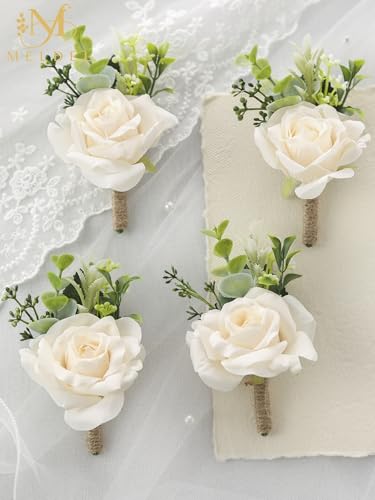 6Pcs Champagne Rose Boutonnieres for Men, Wedding, Dance Party | Groom and Best Man Boutonnieres for Ceremony Anniversary Formal Dinner Party, Fall Vintage Rustic Marriage Prom Decor - color: Champagne-c Bouotnniere 6pcs