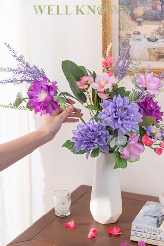 WELL KNOWN Artificial Flowers Bouquet, Fake Flowers for Vase, Silk Faux Flowers DIY Table Centerpieces for Wedding, Dining Room, Kitchen, Office, Farmhouse, Mother's Day Decor & Gift (Violet Pink) - color: Violet & Pink