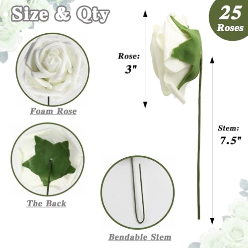 Artificial Flowers, 25pcs Real Looking Ivory White Foam Fake Roses with Stems for DIY Wedding Bouquets White Bridal Shower Centerpieces, Faux Rose for Floral Arrangements Table Decorations - color: Ivory White