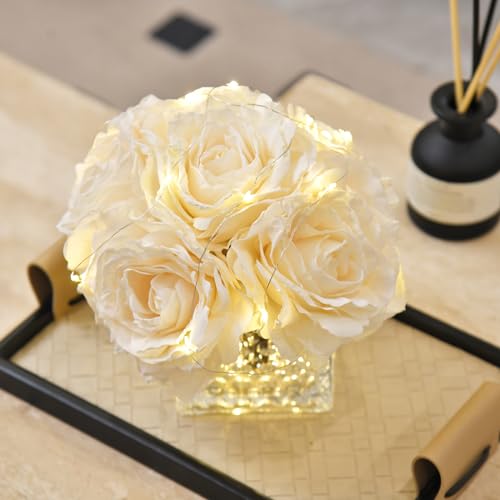 Artificial Rose in Glass Vase Vintage Silk Flower Arrangement with LED Light for Table Centerpiece Home Wedding Decoration (Cream) - color: Cream