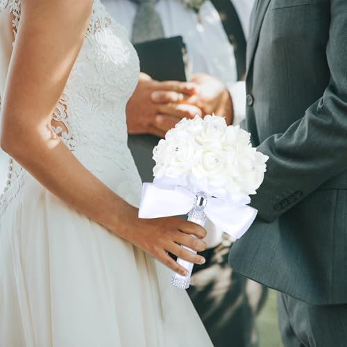 Wedding Bouquet Crystal Roses Bridesmaid Bouquet, Bridal Bouquet Artificial Flowers for Wedding, Party and Church (White) - color: White-