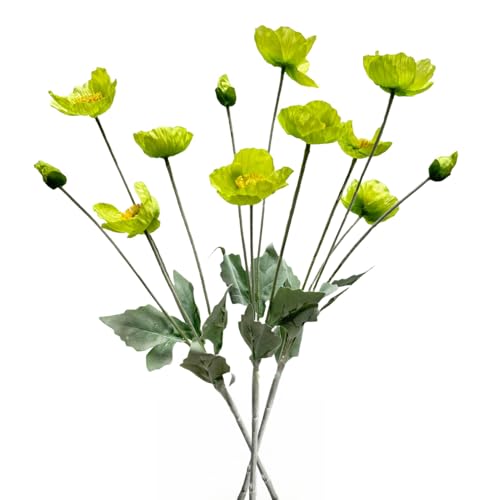 Poppies Flowers Artificial,Ranunculus Artificial Flowers,Silk Flowers with Stems,Faux Flower Stems for Wedding,Party,Garden Outdoor Indoor Decor Flower Arrangements for Table (3, Green) - color: Green
