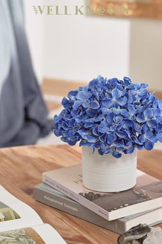 Blue Hydrangea Fake Flowers in Vase, Artificial Flowers with Ceramic Vase, Small Faux Potted Floral Arrangements for Home Bathroom Kitchen Office Coffee Table Wedding Party Centerpiece Decor & Gift - color: Hydrangea, Blue