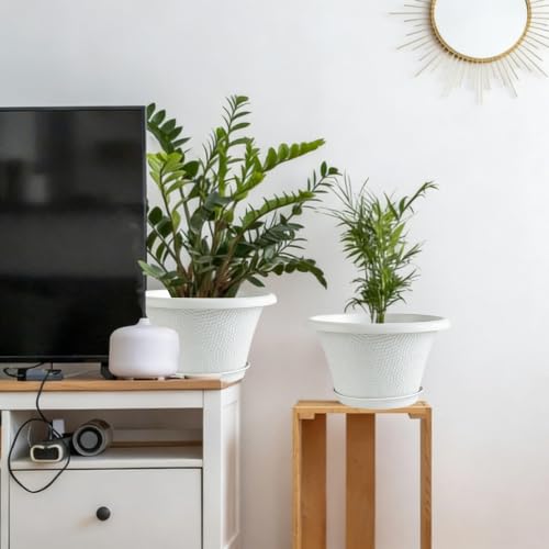 Quarut 12 Inch Plant Pot,4 Pack Large pots for Plants,Flower Pots with Drainage Hole & Saucer,Modern Planters for Indoor Outdoor Plants,Decorative Resin Garden Pots,White - color: Diamond Pattern-white, size: 12 inch-4 Pack
