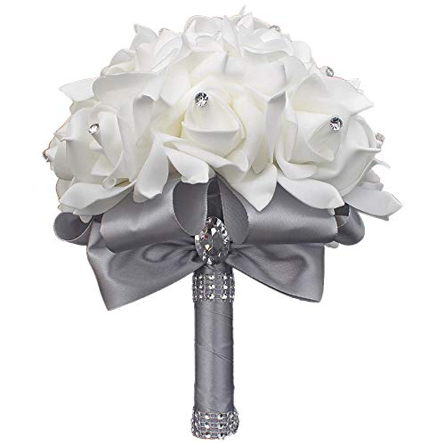 MOJUN Wedding Bouquets Crystal PE Roses Bridal Bridesmaid Wedding Hand Holding Bouquet Artificial Fake Flowers Toss Bouquet, Silver - color: Silver