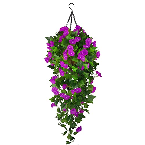 Artificial Fake Hanging Flowers Plants Basket for Spring Outdoor Outside Decoration, UV Resistant Faux Plastic Fabric Flower Morning Glory Wisteria Petunia for Garden Porch Patio Balcony Yard Decor - color: Purple
